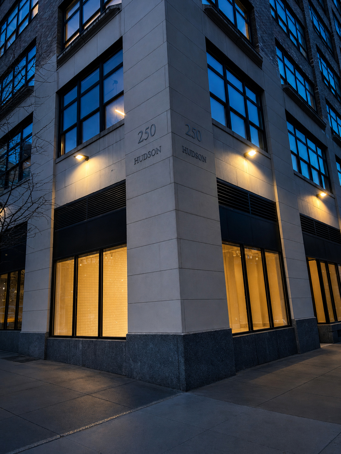 Exterior of Body's 250 Hudson Street studio at dusk